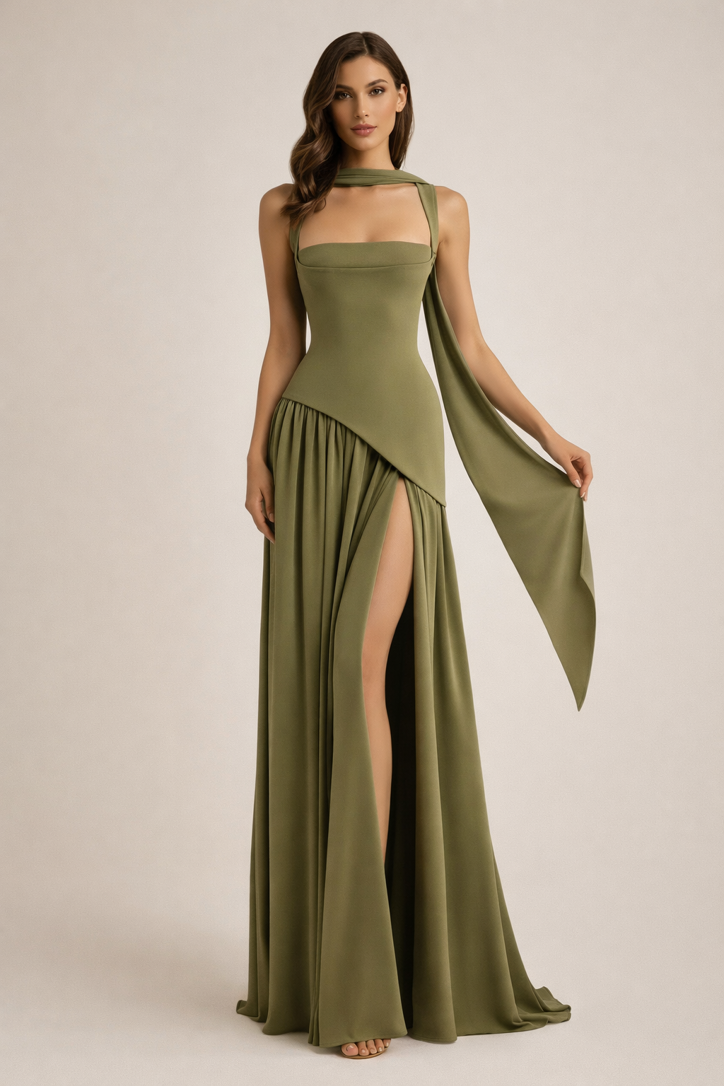 Olive Sculpted Scarf Maxi Dress